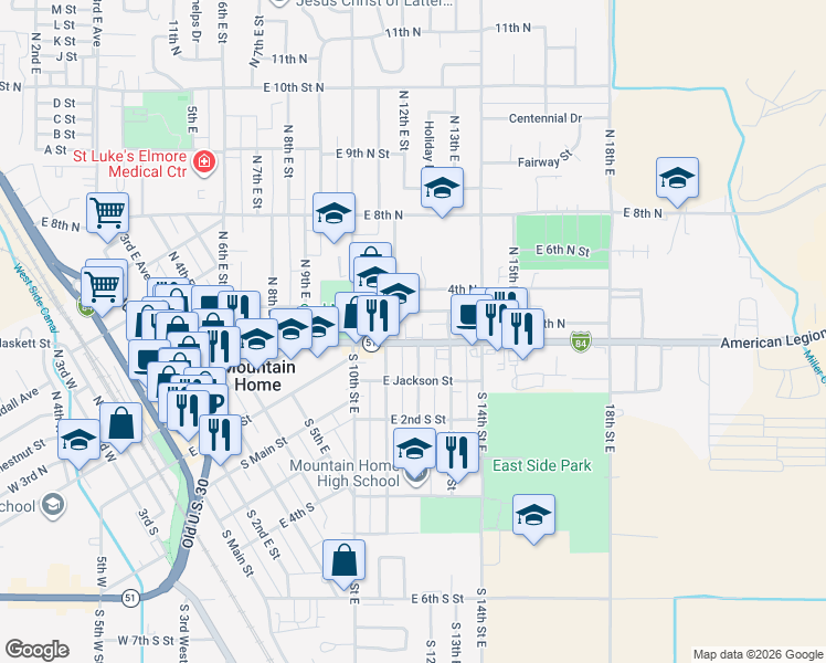 map of restaurants, bars, coffee shops, grocery stores, and more near 1250 American Legion Boulevard in Mountain Home