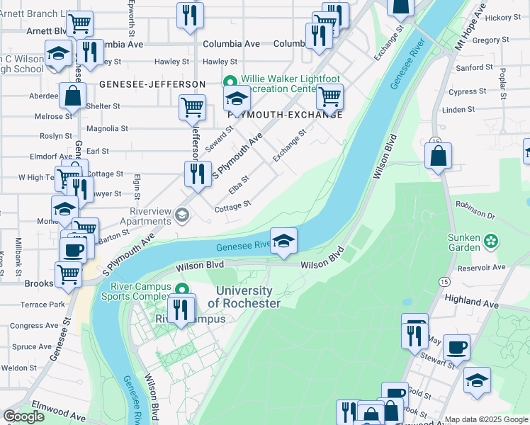 map of restaurants, bars, coffee shops, grocery stores, and more near 75 Cottage Street in Rochester