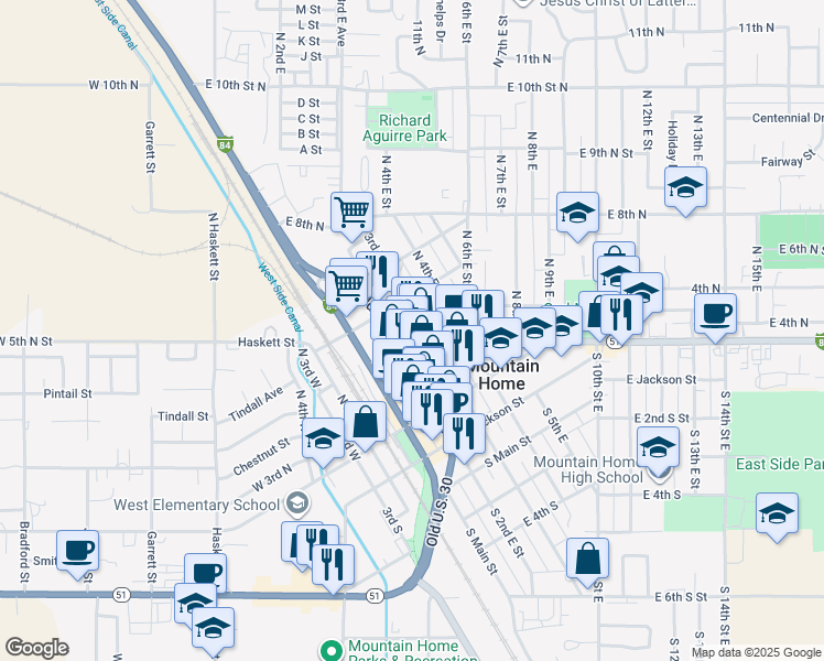 map of restaurants, bars, coffee shops, grocery stores, and more near 410 North 2nd East Street in Mountain Home