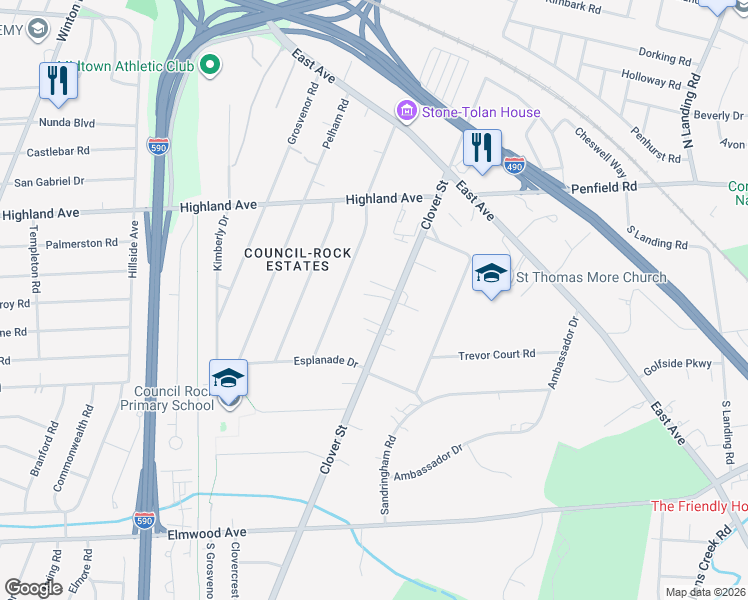 map of restaurants, bars, coffee shops, grocery stores, and more near 1253 Clover Street in Rochester