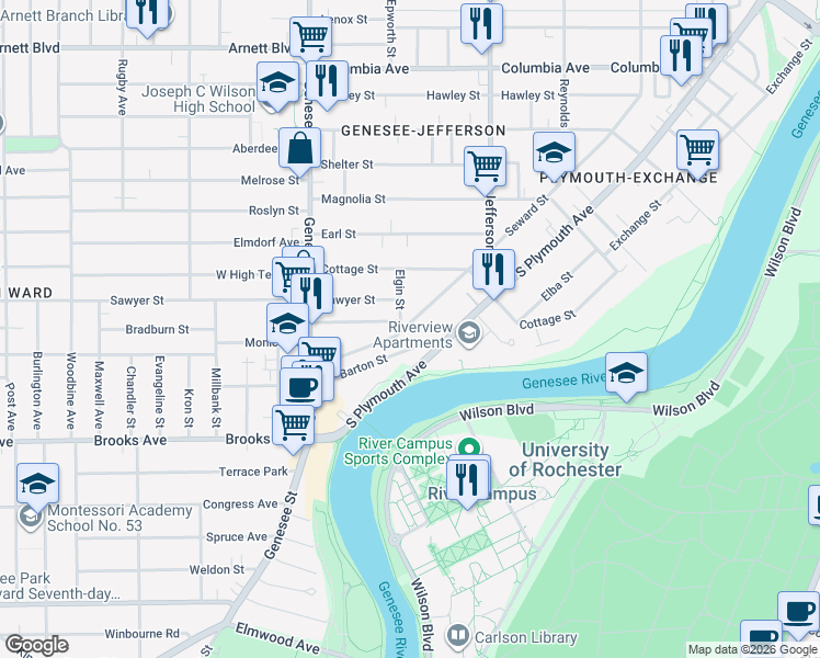 map of restaurants, bars, coffee shops, grocery stores, and more near 748 Seward Street in Rochester