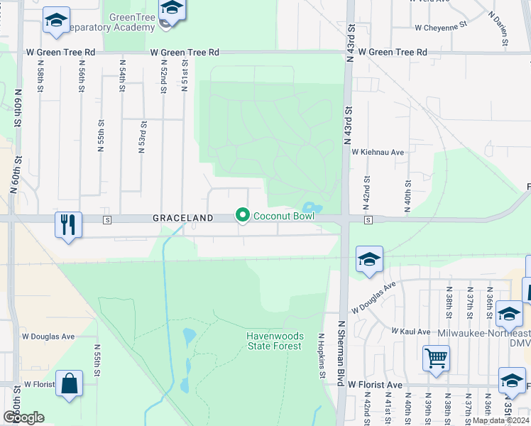 map of restaurants, bars, coffee shops, grocery stores, and more near 4602 West Mill Road in Milwaukee