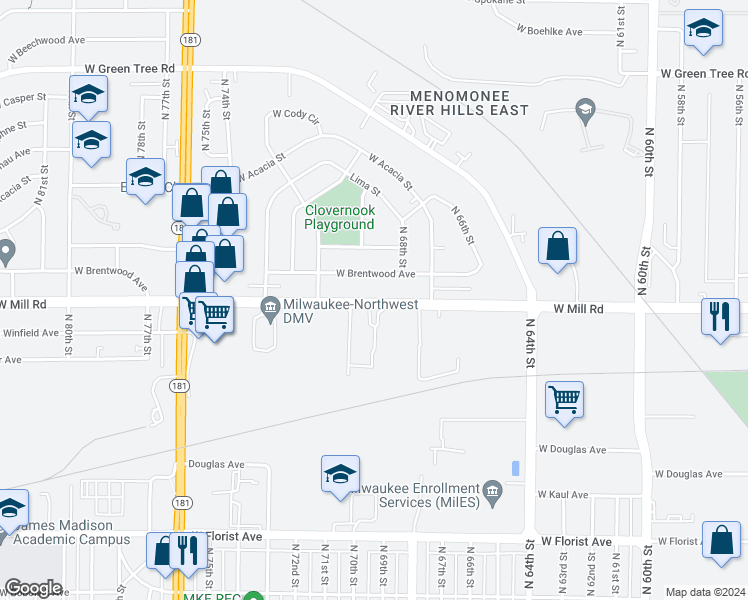 map of restaurants, bars, coffee shops, grocery stores, and more near 6926 West Mill Road in Milwaukee