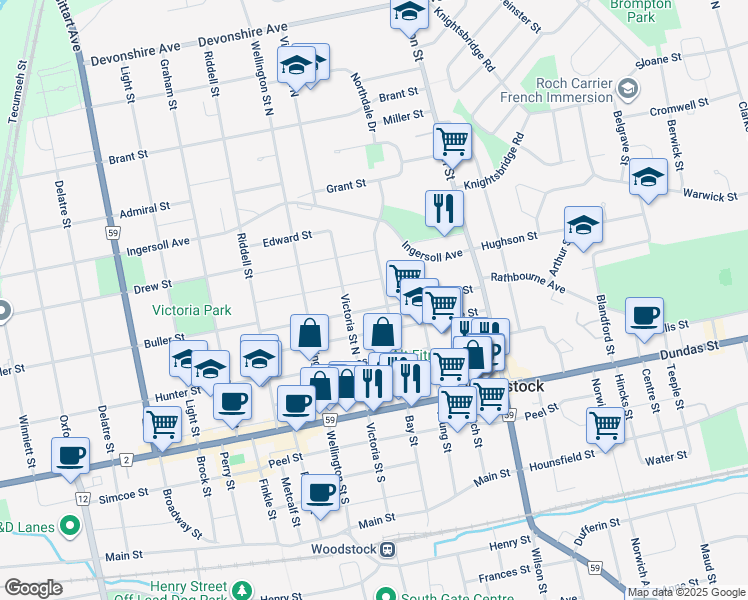 map of restaurants, bars, coffee shops, grocery stores, and more near 596 Canterbury Street in Woodstock