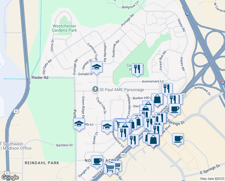 map of restaurants, bars, coffee shops, grocery stores, and more near 2818 Independence Lane in Madison