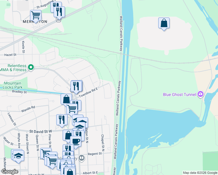 map of restaurants, bars, coffee shops, grocery stores, and more near 5 Greenhill Drive in Thorold