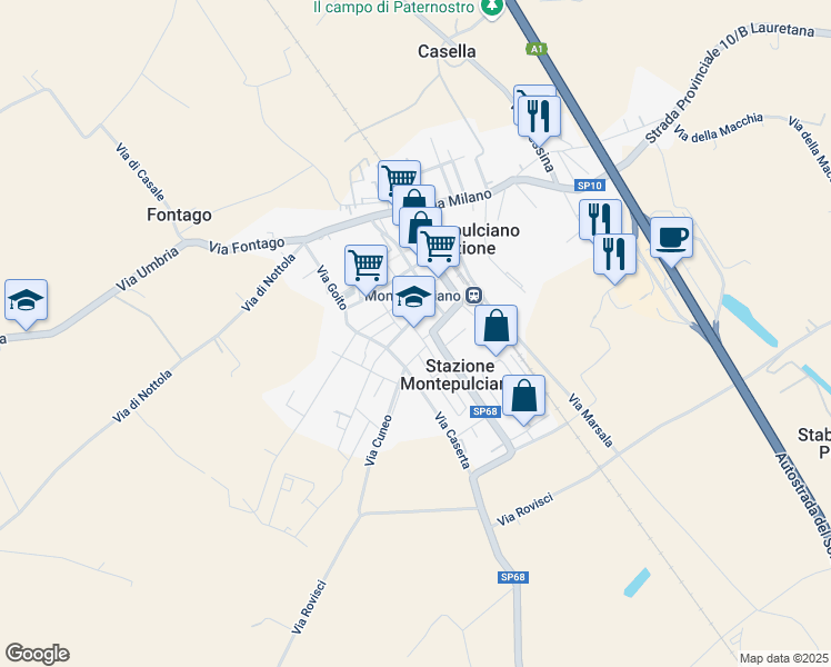 map of restaurants, bars, coffee shops, grocery stores, and more near 2 Via Catania in Montepulciano Stazione