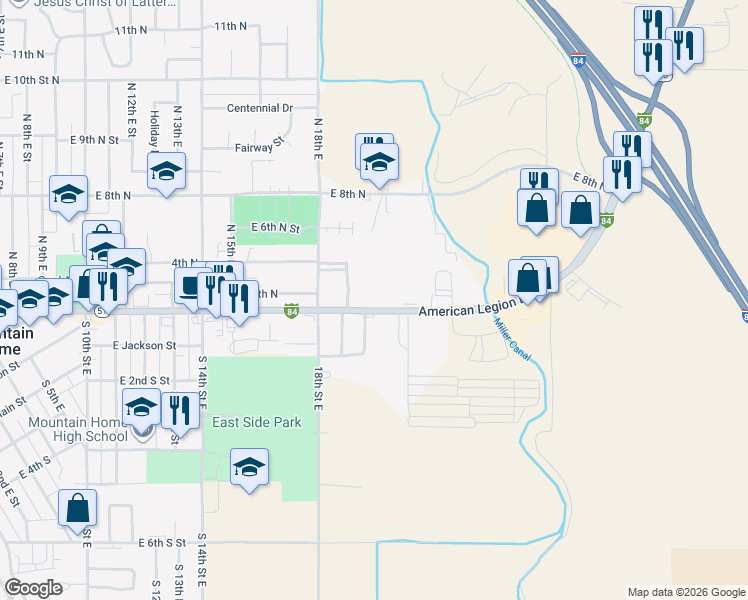 map of restaurants, bars, coffee shops, grocery stores, and more near 2000 American Legion Boulevard in Mountain Home
