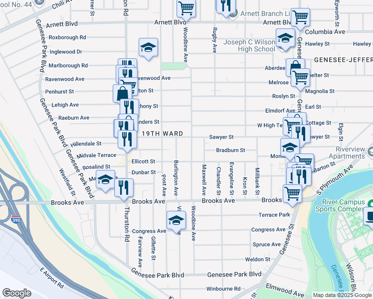 map of restaurants, bars, coffee shops, grocery stores, and more near 627 Woodbine Avenue in Rochester