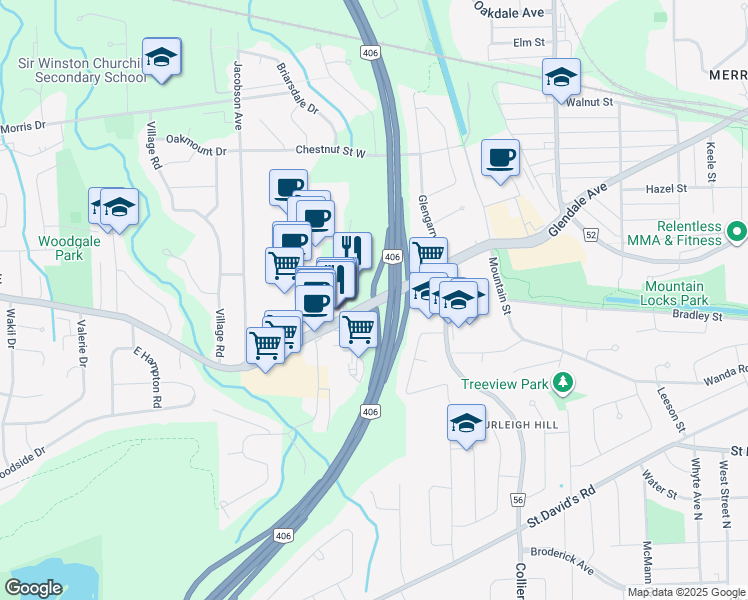 map of restaurants, bars, coffee shops, grocery stores, and more near Glendale Avenue in St. Catharines