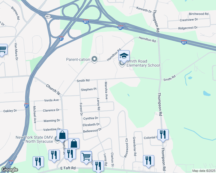 map of restaurants, bars, coffee shops, grocery stores, and more near 107 Marshia Avenue in Syracuse