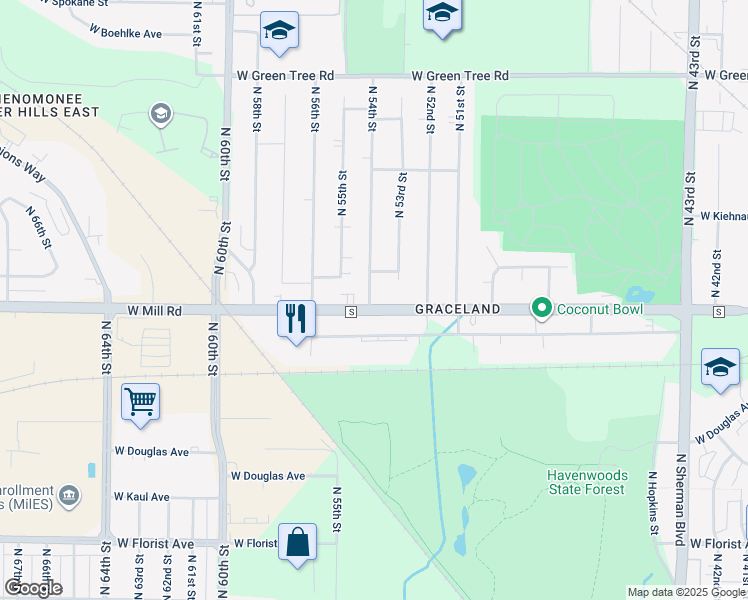 map of restaurants, bars, coffee shops, grocery stores, and more near 5332 West Mill Road in Milwaukee