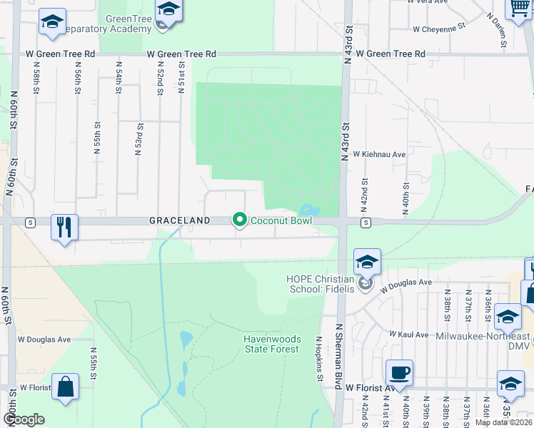 map of restaurants, bars, coffee shops, grocery stores, and more near 4602 West Mill Road in Milwaukee