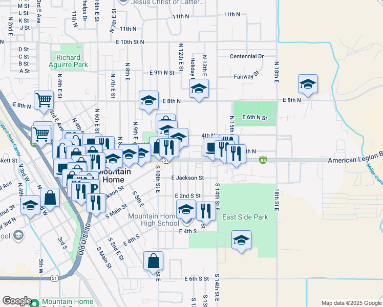 map of restaurants, bars, coffee shops, grocery stores, and more near 1250 American Legion Boulevard in Mountain Home