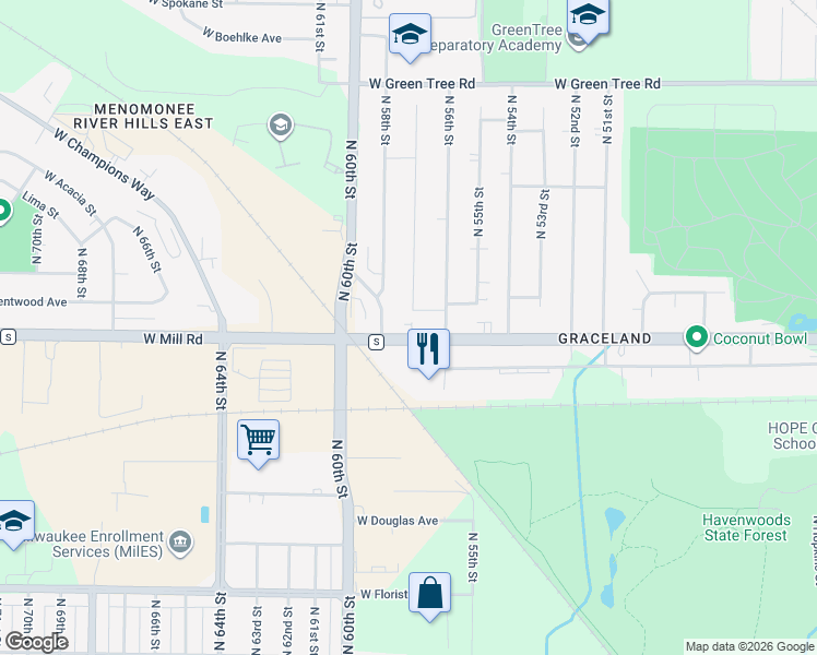 map of restaurants, bars, coffee shops, grocery stores, and more near 6400 North 58th Street in Milwaukee