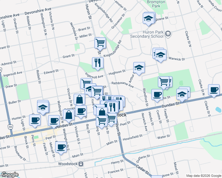 map of restaurants, bars, coffee shops, grocery stores, and more near 78 Huron Street in Woodstock