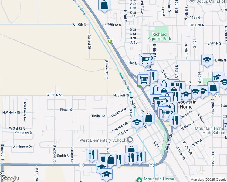 map of restaurants, bars, coffee shops, grocery stores, and more near 455 North Haskett Street in Mountain Home