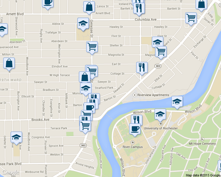 map of restaurants, bars, coffee shops, grocery stores, and more near 805 Seward Street in Rochester