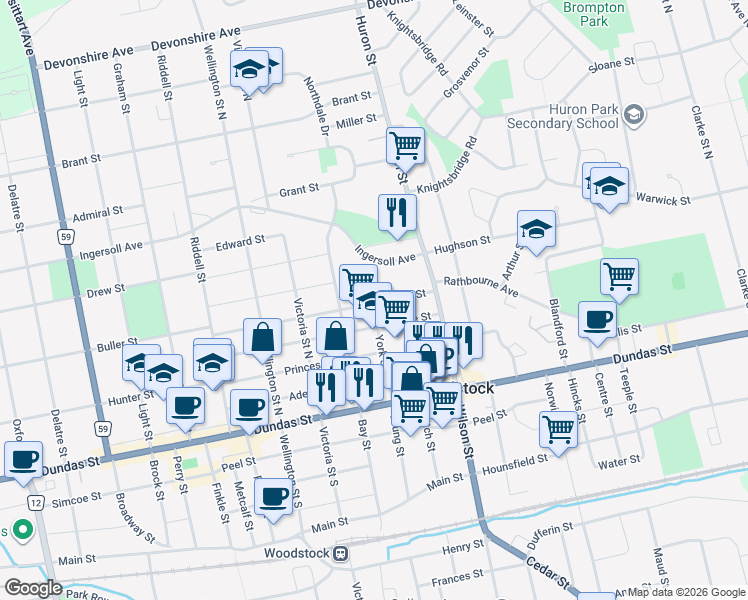map of restaurants, bars, coffee shops, grocery stores, and more near 86 Beale Street in Woodstock