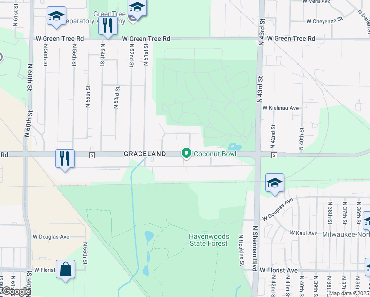 map of restaurants, bars, coffee shops, grocery stores, and more near 6409 North 47th Street in Milwaukee