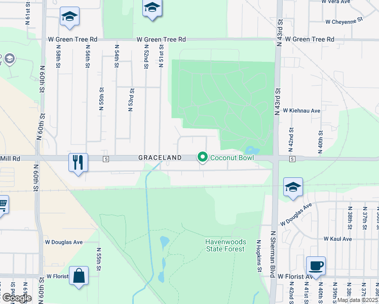 map of restaurants, bars, coffee shops, grocery stores, and more near 4820 West Mill Road in Milwaukee