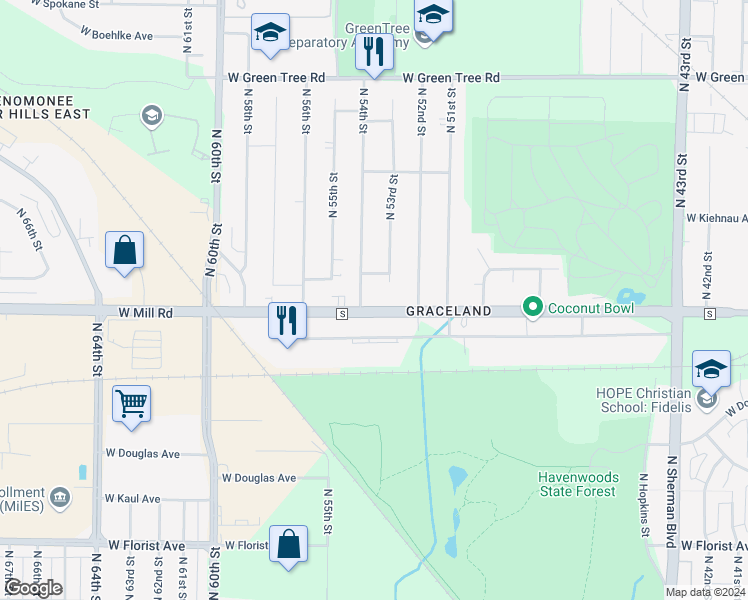 map of restaurants, bars, coffee shops, grocery stores, and more near 5332 West Mill Road in Milwaukee
