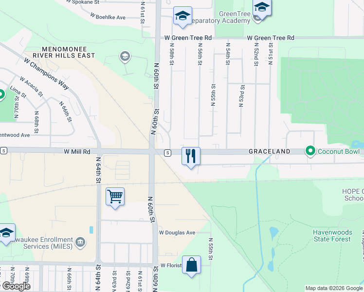 map of restaurants, bars, coffee shops, grocery stores, and more near 6400 North 58th Street in Milwaukee