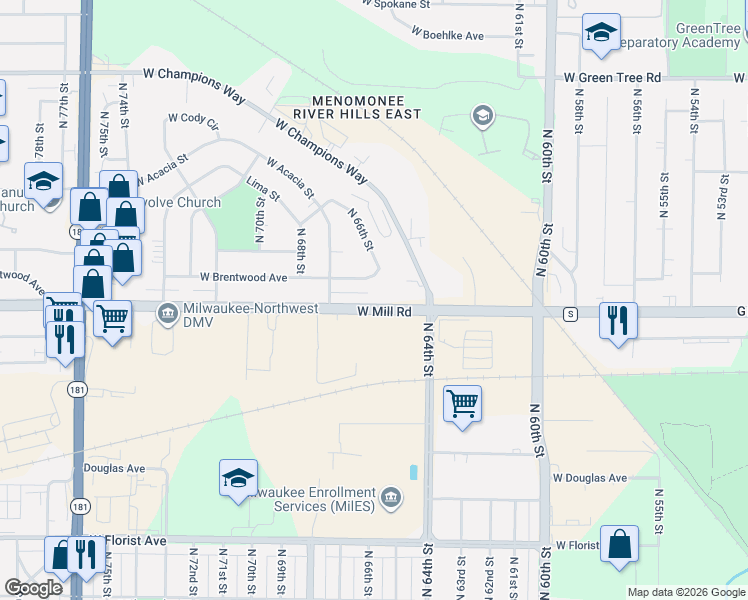 map of restaurants, bars, coffee shops, grocery stores, and more near 6532 West Mill Road in Milwaukee