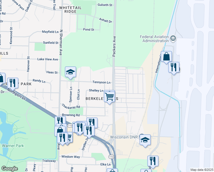 map of restaurants, bars, coffee shops, grocery stores, and more near 3701 Kipling Drive in Madison