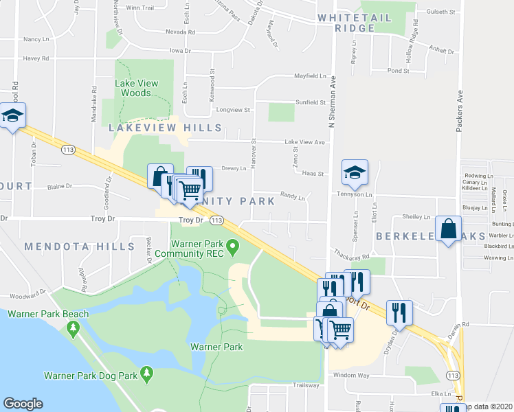 map of restaurants, bars, coffee shops, grocery stores, and more near 3708 Hanover Street in Madison