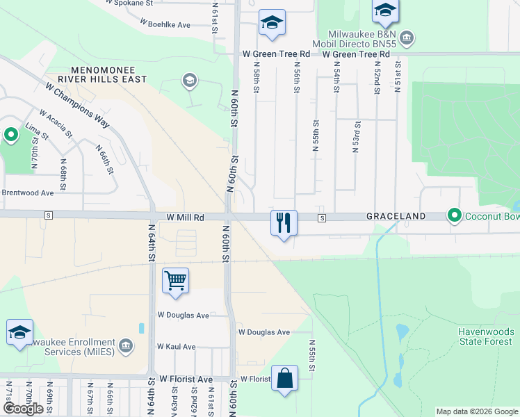 map of restaurants, bars, coffee shops, grocery stores, and more near 6408 North 58th Street in Milwaukee
