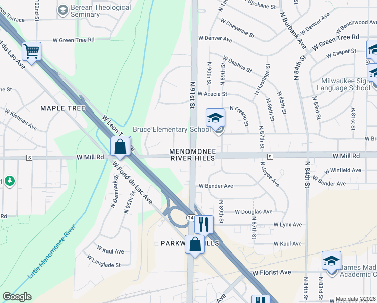 map of restaurants, bars, coffee shops, grocery stores, and more near 6415 North 91st Street in Milwaukee