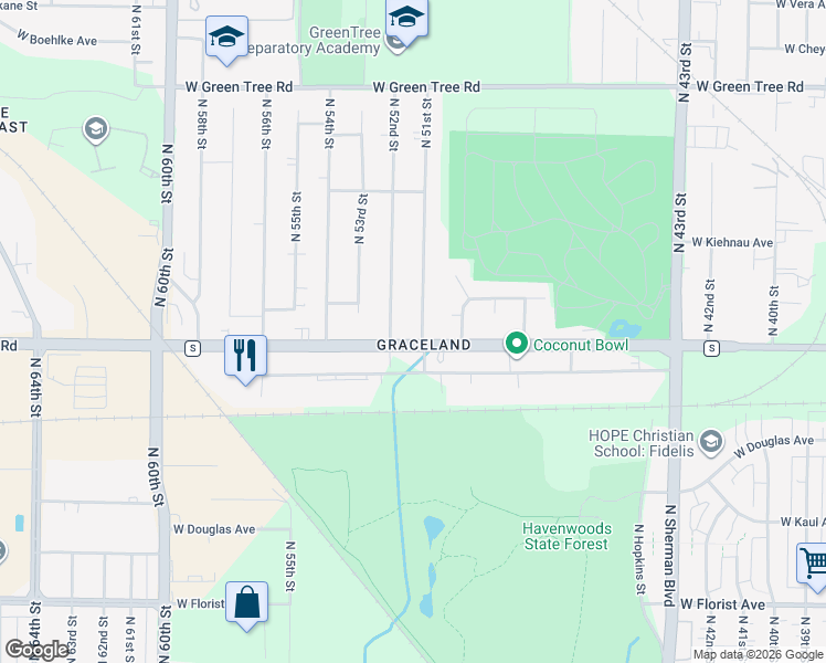 map of restaurants, bars, coffee shops, grocery stores, and more near 6401 North 51st Street in Milwaukee