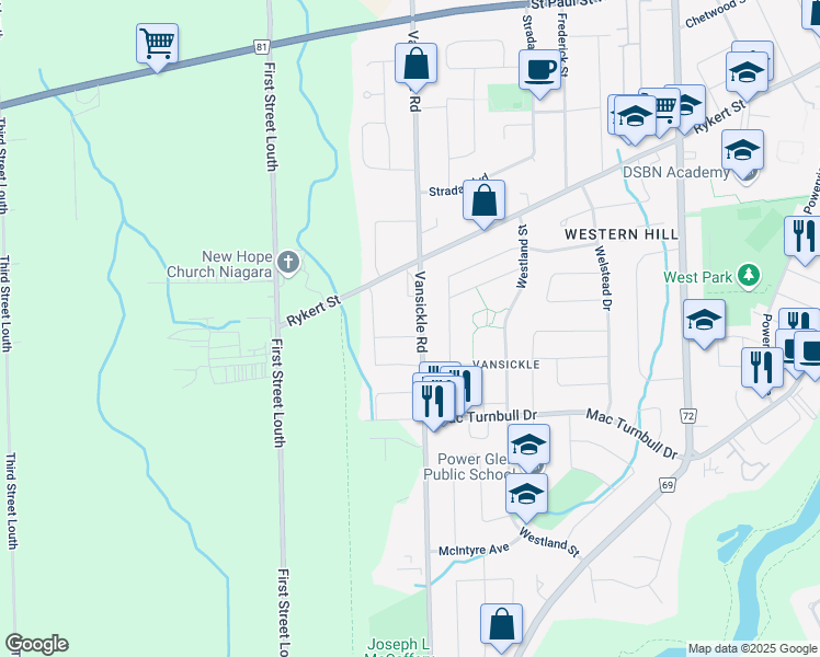 map of restaurants, bars, coffee shops, grocery stores, and more near 3 Montrose Street in St. Catharines