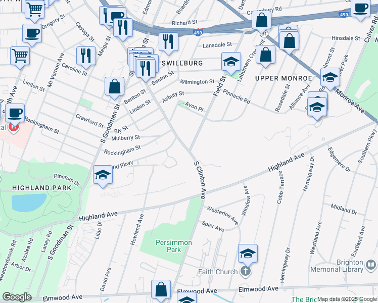 map of restaurants, bars, coffee shops, grocery stores, and more near Clinton Avenue South & Field Street in Rochester