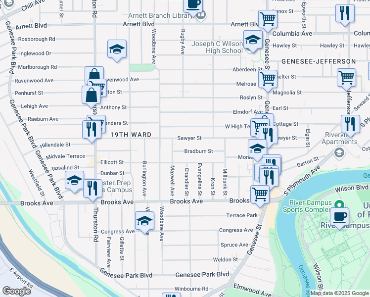 map of restaurants, bars, coffee shops, grocery stores, and more near 120 Bradburn Street in Rochester