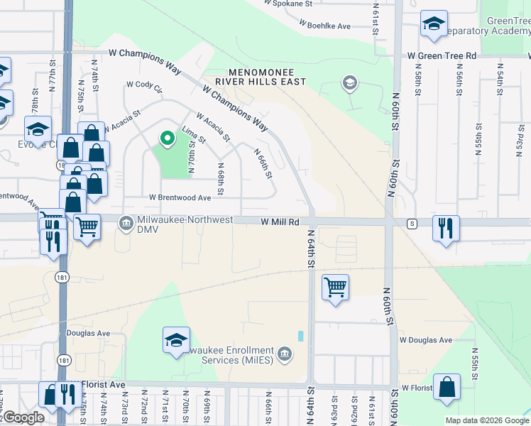 map of restaurants, bars, coffee shops, grocery stores, and more near 6532 West Mill Road in Milwaukee