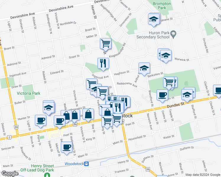 map of restaurants, bars, coffee shops, grocery stores, and more near 687 Canterbury Street in Woodstock