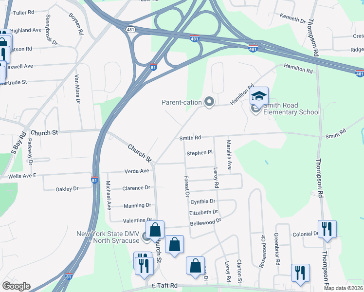 map of restaurants, bars, coffee shops, grocery stores, and more near 109 Forest Drive in Syracuse