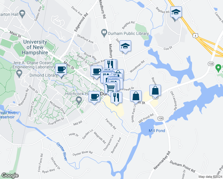 map of restaurants, bars, coffee shops, grocery stores, and more near in Durham