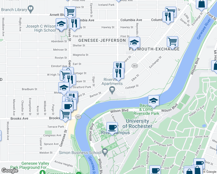 map of restaurants, bars, coffee shops, grocery stores, and more near 12 Barton Street in Rochester