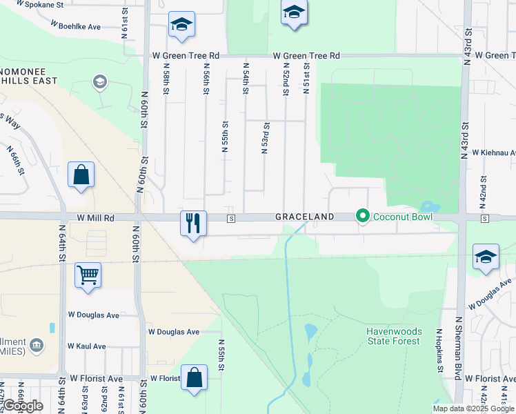 map of restaurants, bars, coffee shops, grocery stores, and more near 5235 West Mill Road in Milwaukee