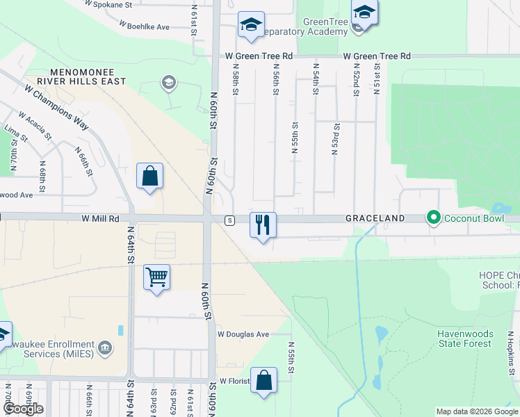 map of restaurants, bars, coffee shops, grocery stores, and more near 5622 West Mill Road in Milwaukee