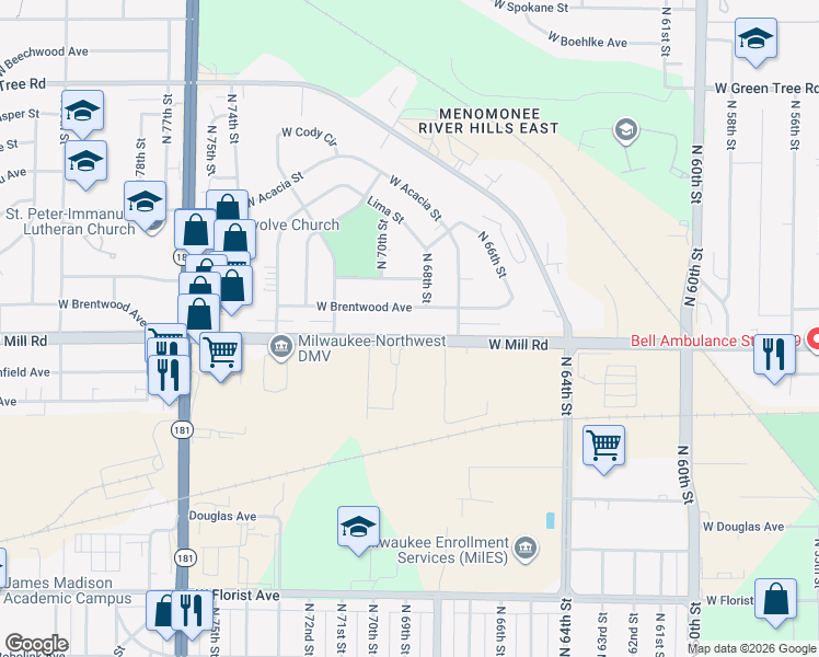 map of restaurants, bars, coffee shops, grocery stores, and more near 6926 West Mill Road in Milwaukee