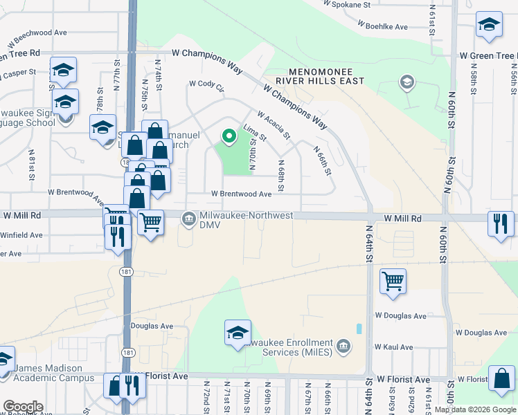 map of restaurants, bars, coffee shops, grocery stores, and more near 6926 West Mill Road in Milwaukee