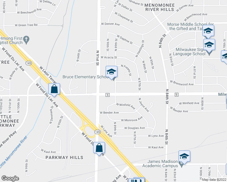 map of restaurants, bars, coffee shops, grocery stores, and more near 6403 North 89th Street in Milwaukee