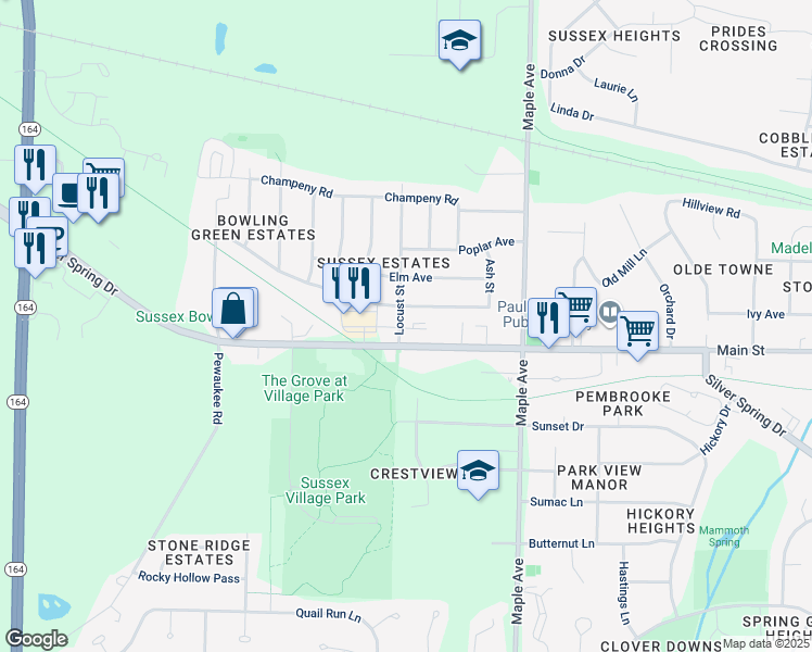 map of restaurants, bars, coffee shops, grocery stores, and more near N64W24206 Main Street in Sussex