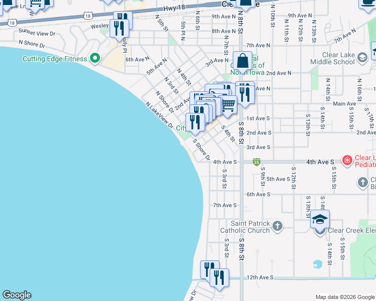 map of restaurants, bars, coffee shops, grocery stores, and more near South Lakeview Drive in Clear Lake