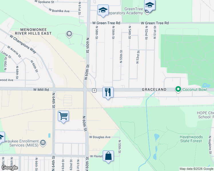 map of restaurants, bars, coffee shops, grocery stores, and more near 5622 West Mill Road in Milwaukee