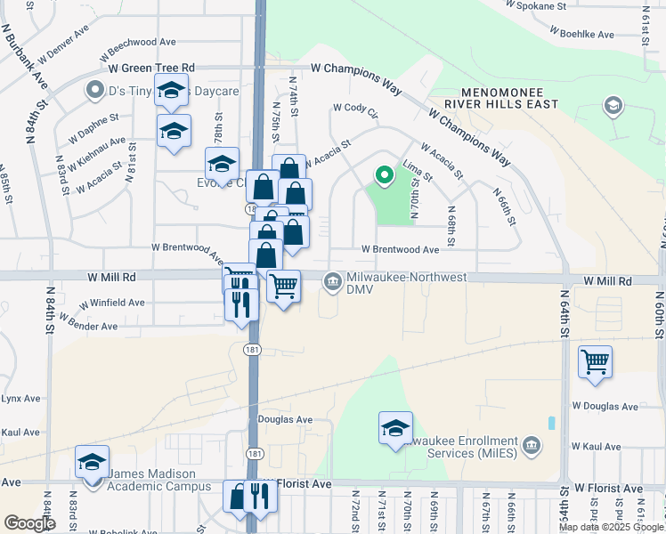 map of restaurants, bars, coffee shops, grocery stores, and more near 6402 North 73rd Street in Milwaukee
